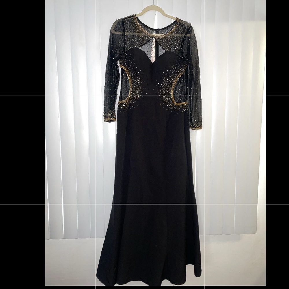 A Long Black and Gold Dress, with beads and rhinestones.
